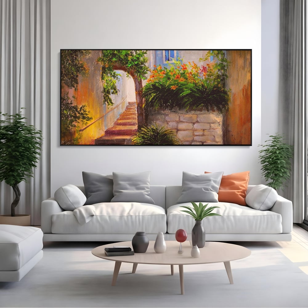 Tablou canvas cu pictura cu scari si flori, in rama de aluminiu negru, pe perete intr-un living